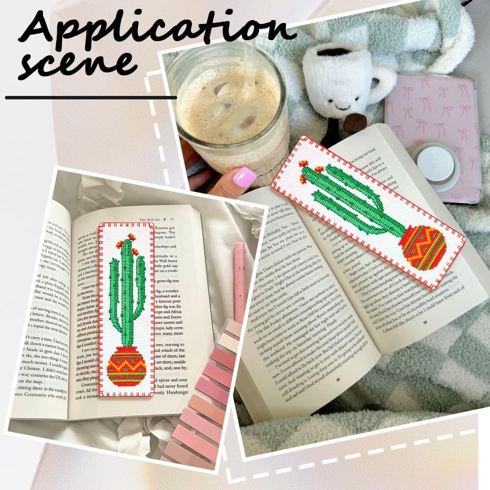 SUNNYCLUE 2 Sets Cross Stitch Bookmark Kits Book Mark Making Kits Cactus Plant DIY Stamped Embroidery Bookmarks with Instruction Crossstitch Projects for Beginners Starters Adults Book Lovers Gift image 4