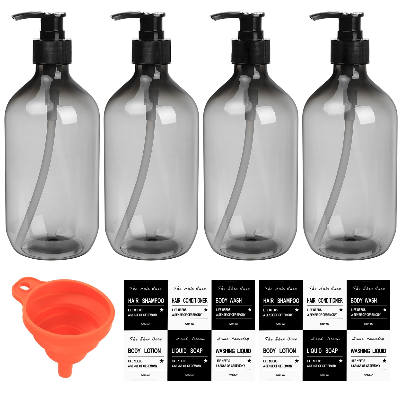 4 Pieces Empty Shampoo Bottles, 500ml Soap Dispenser Bottles, Plastic Pump Dispenser for Liquid/Soap/Shampoo/Lotion/Shower Gel, with Funnel (Round Transparent Black)