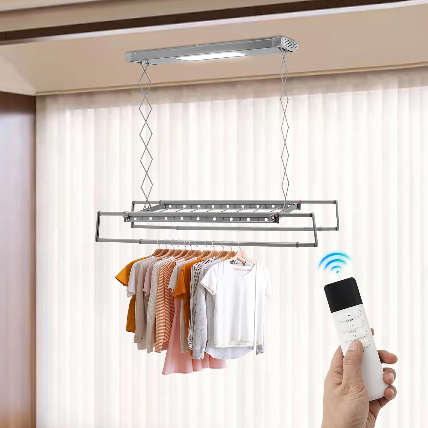 Electric Retractable Airing Rack Gray, Ceiling Clothesline 77lbs Load, Ceiling Mounted Clothes Drying Rack 24W with Remote and Light for Laundry Balcony (Gray)