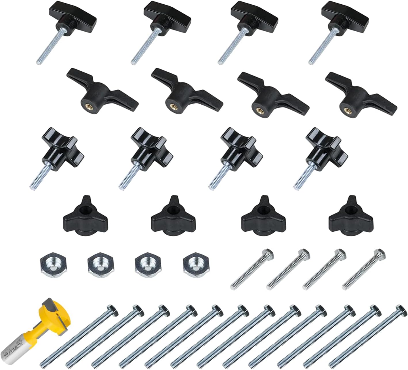POWERTEC 72031 T-Track Knob Kit w/T Slot Router Bit (1-1/16" Dia. x 5/16" H x 1/2" Shank), 1/4-20 by 1-1/2" Hex Bolts, Washers and T Track Bolts, 36-pc T Track Accessories for Jigs and Fixtures