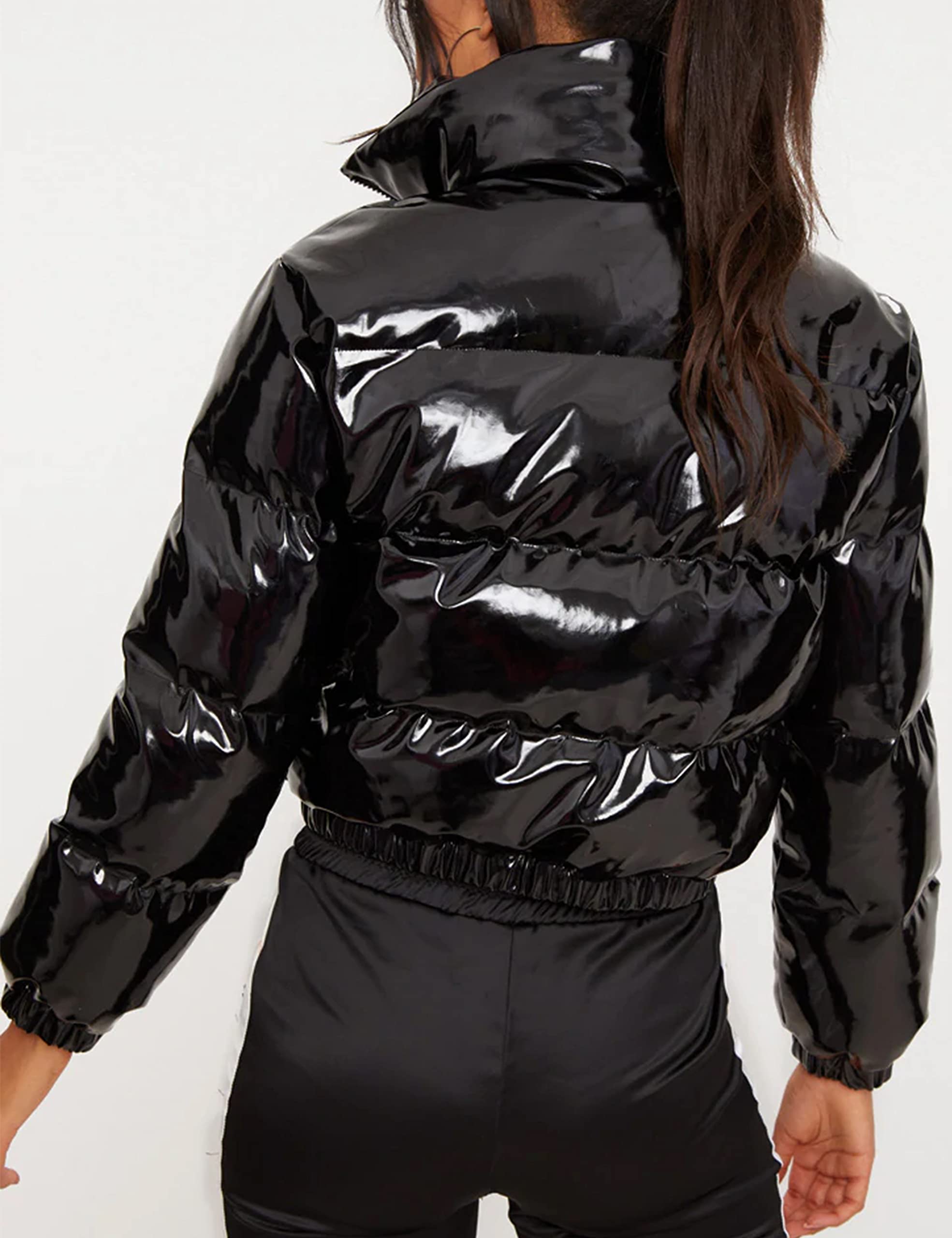 Uaneo Damen Cropped Puffer Jacke Winter Glänzend Reißverschluss Kurze Bubble Puffy Mäntel