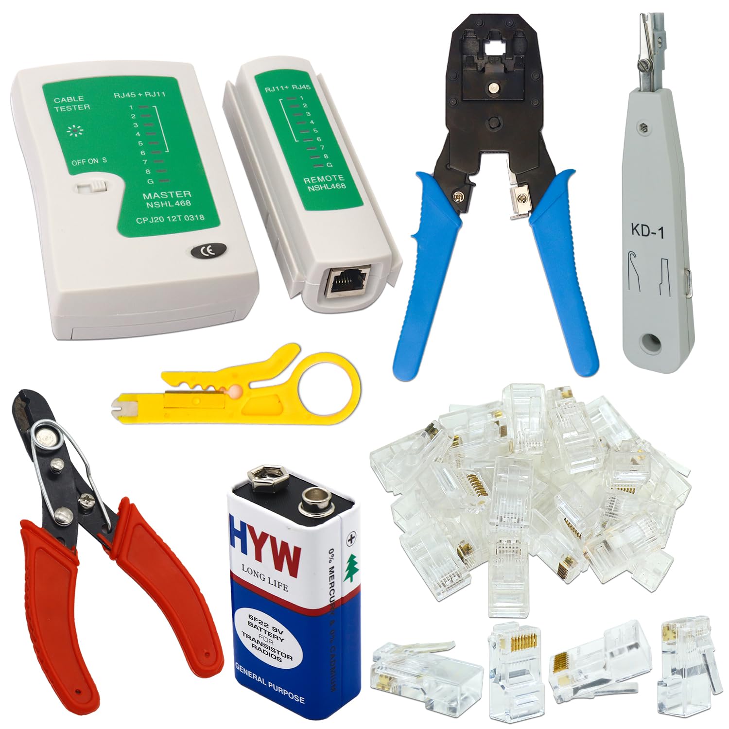 Electronic Spices Combo of KD1 Punch Down Tool + RJ11 RJ45 Crimping Tool + Wire Stripper + 9V battery & Cutter + 50PC RJ45 Connector-picture-14