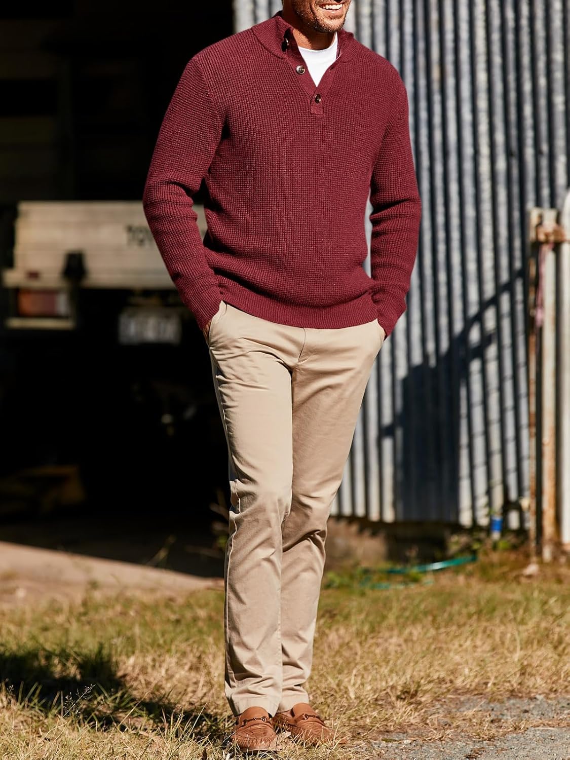 Runcati Mens Pullover Sweater Knitted Quarter Button Stand Collar Casual Thermal Henley Sweaters - Image 4