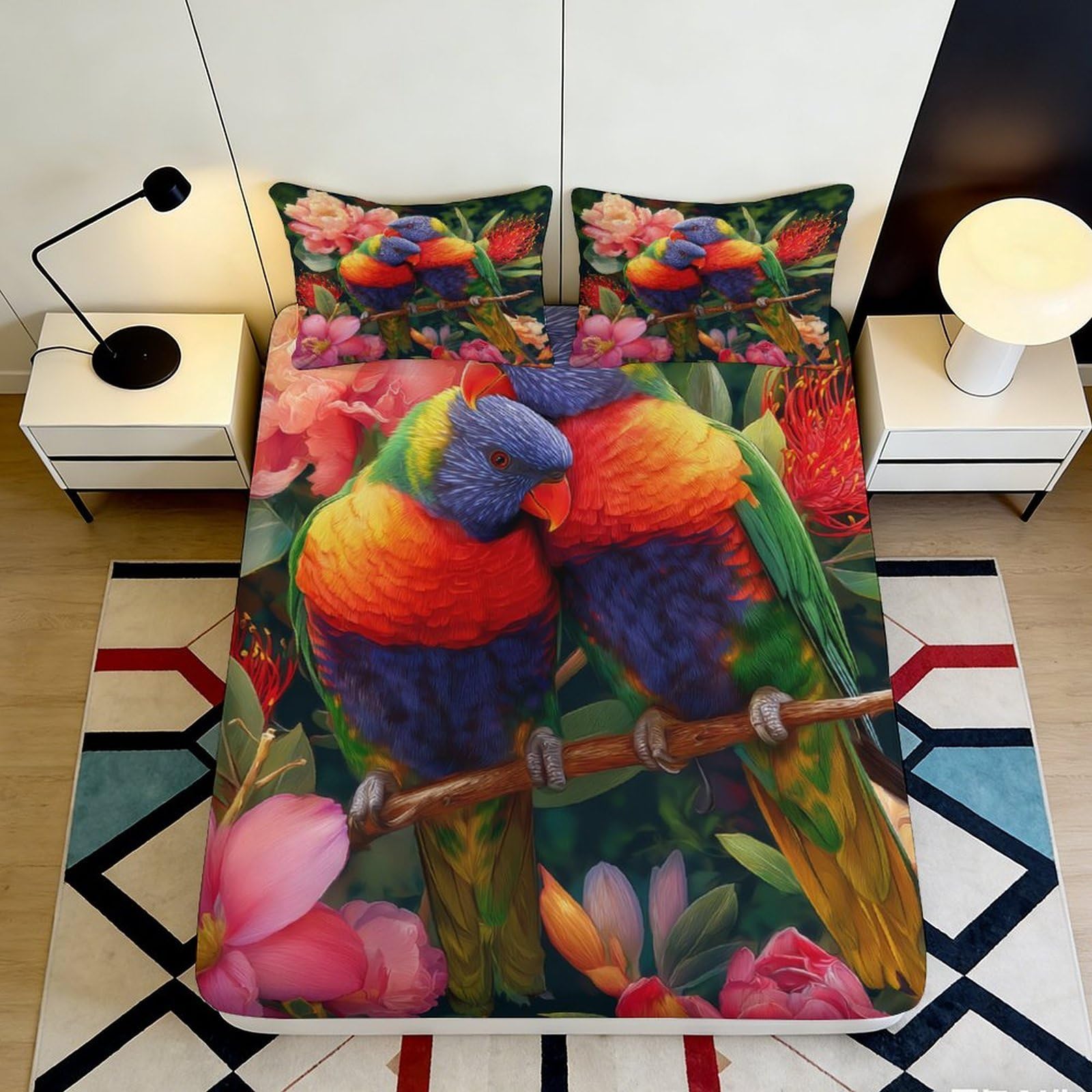 3D Printed Tropical Parrot Fitted Sheet Microfiber Deep Pocket Bedroom Bedding Decor Tropical Birds Mattress Fitted Cover Washable Elastic Hem 90x200x25cm
