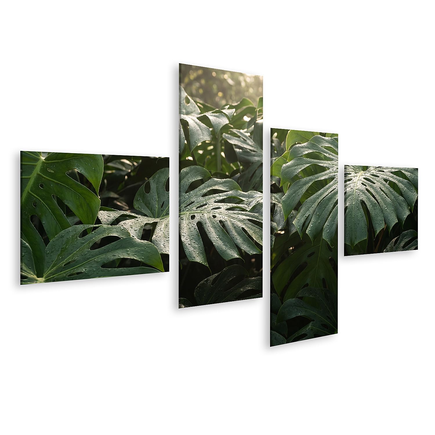 islandburner Bild auf Leinwand Erfrischend Tropische Monstera-Blätter Wandbild Wohnzimmer Deko für Naturliebhaber - 4-teilig - Edition L1