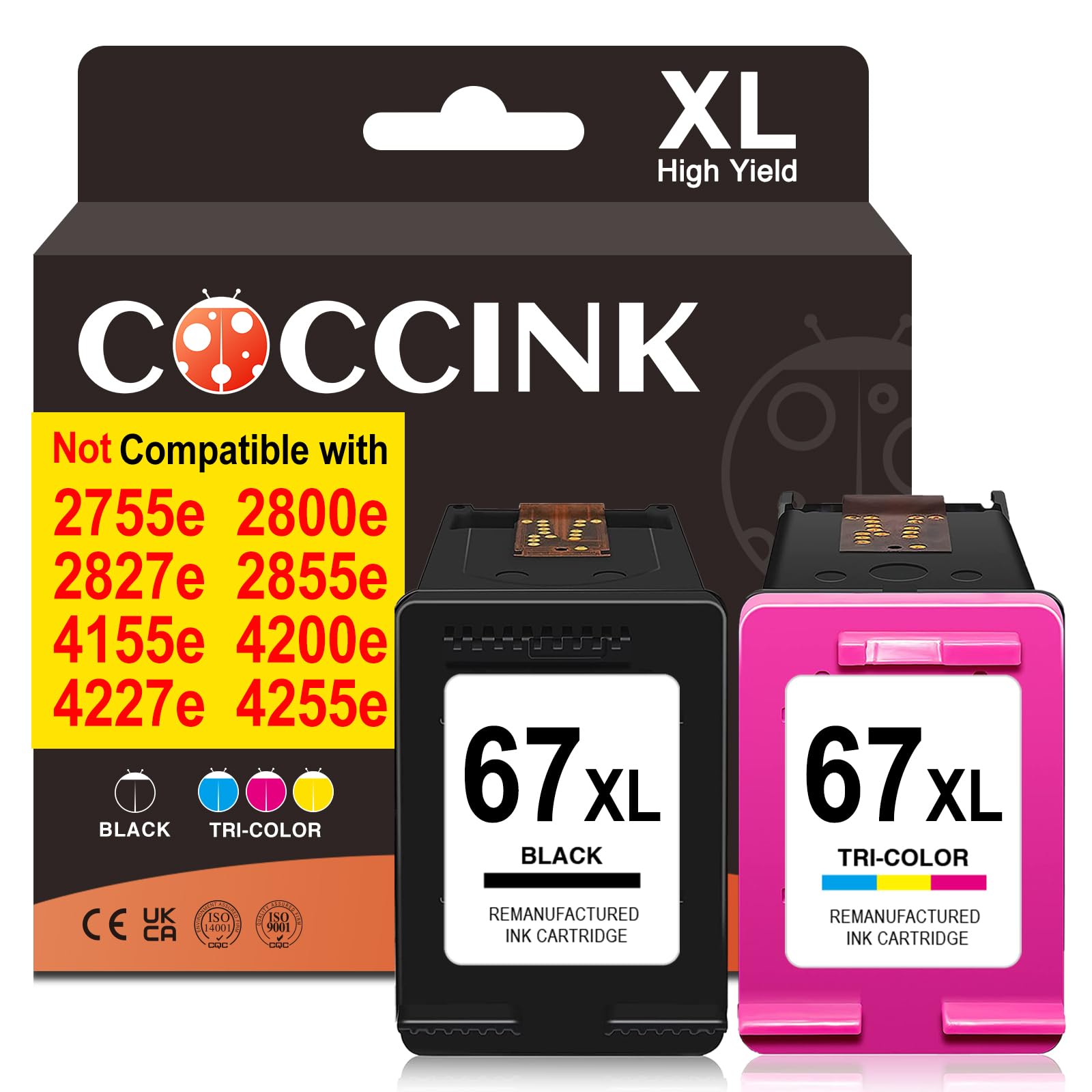 COCCINK 67XL for HP Ink 67 XL HP Envy 6055e Ink Cartridges Envy 6000 6052e 6065e 6058 6400 6455e 6458e Printers Remanufactured Printer Ink 67 HP67 67XL Ink Cartridges Black/Color Combo Pack