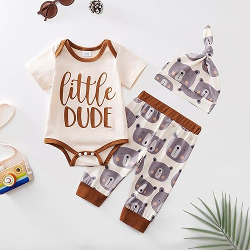 Miniatura 2 de SYNPOS Conjunto de 3 piezas de ropa de bebé recién nacido con estampado de animales de manga corta + pantalones + sombrero