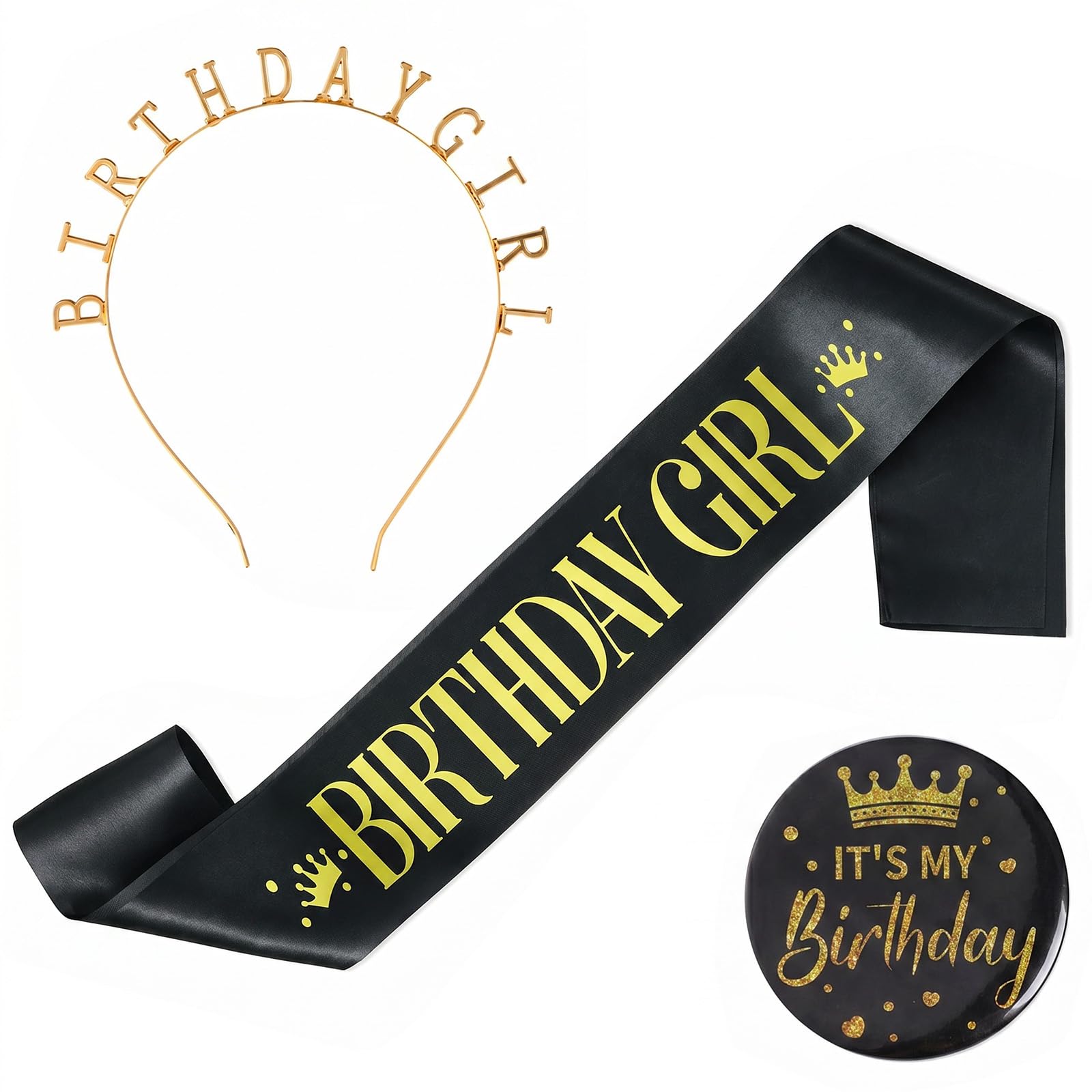 Xkqjlp 3PCS Birthday Girl Sash Birthday Girl Headband Badge Birthday Sash for Women Girls Glitter Birthday Tiara for Women Birthday Party Celebrations Photo Props and Festival Events (Black)