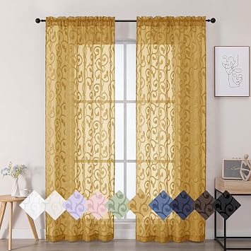 Gold Sheer Curtains 84 Inches Long 2 Panels Set for Bedroom Living Room, Soft Solid Airy Elegant Geometric Jacquard Clip Light Filtering Curtains Drapes, Gold, 2Pcs Total Wide 84" Inch