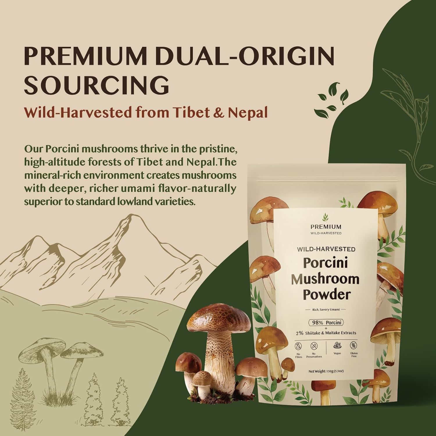 Premium Wild-Harvested Porcini Mushroom Powder, 98% Porcini + 2% Shiitake & Maitake, Rich Umami Flavor, Gluten-Free, Vegan, Keto-Friendly, Perfect for Soups, Sauces, and Seasoning (150g)