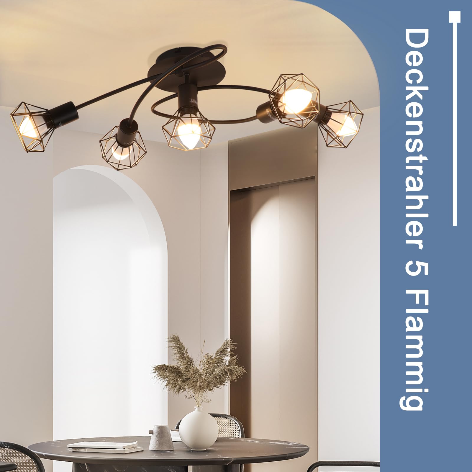 Glitzerlife LED lámpara de E14 lámpara de techo negro 5 llamas | foco de techo industrial orientable 350° vintage retro foco salón cocina sin bombilla