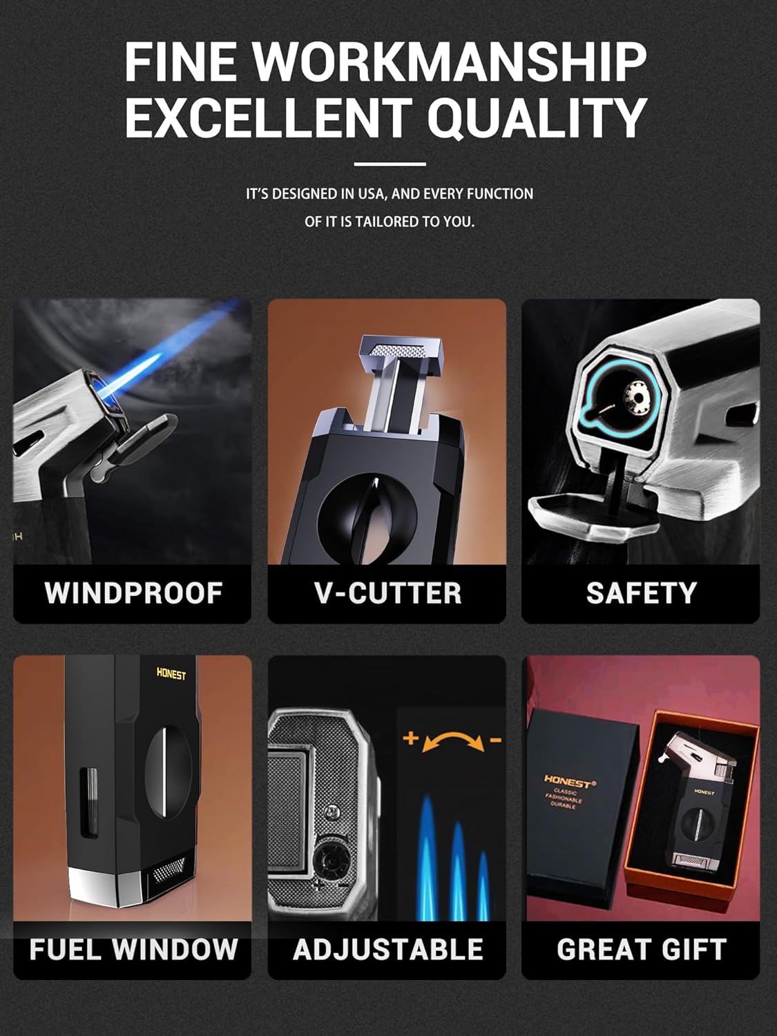 Butane Torch Lighter with V Cutter, Windproof Jet Flame Lighter Torch Refill, Adjustable Refillable Butane Lighter Gifts for Men, with Fuel Window, Butane not Include
