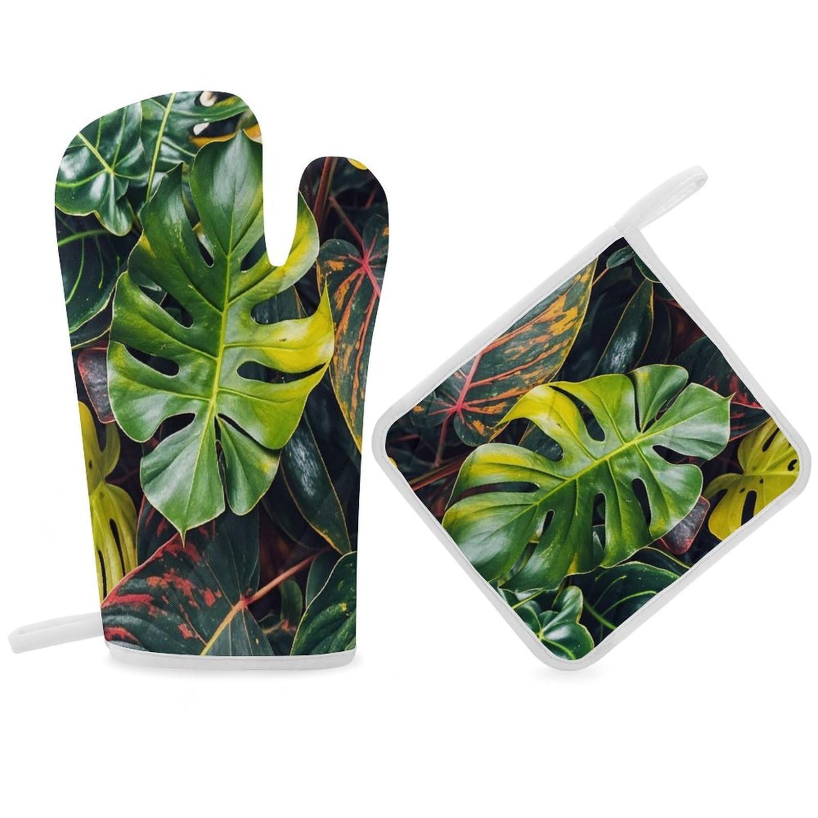 Colorful Tropical Leaves Pattern Oven Mitt Gloves and Heat Insulation Pads Double-Layer Thickened Heat Insulation Mitt Temperature Oven Gloves for Cooking Baking Grilling