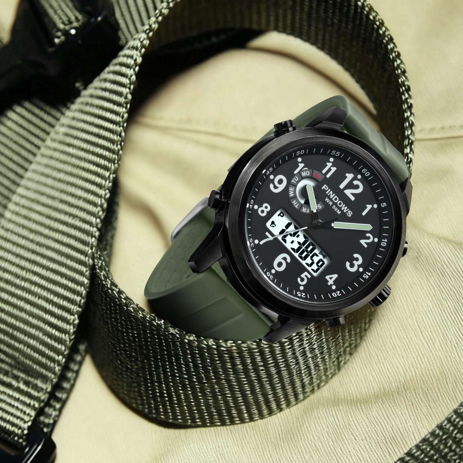 PINDOWS Herrenuhren, bis 30 m wasserdicht, militärische Digitale Analoguhr, Outdoor-Sportuhr, multifunktionale Lederarmbanduhr mit Dualzeit, LED-Hintergrundbeleuchtung, Alarm, Stoppuhr und Kalender