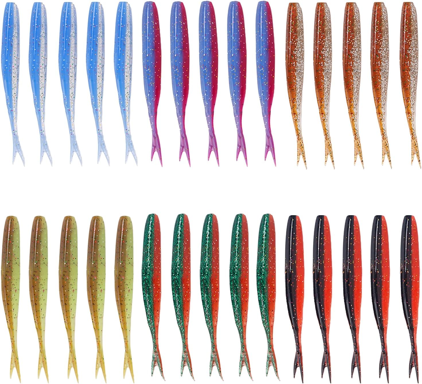 Crappie Lures Split Tail Double Colors Soft Plastic Swim Baits 30pcs with Jig Heads 25pcs/1/8oz for Panfish Bass Walleye Catfish Fishing