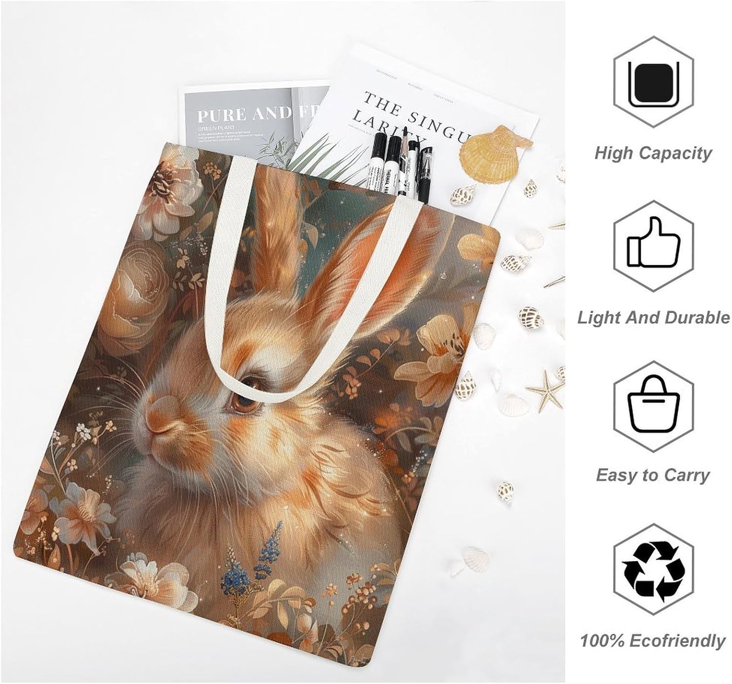 Floral Art Bunny Canvas Tote Bag Reusable Grocery Bags Foldable Soft Cotton Shoulder Carry Bag