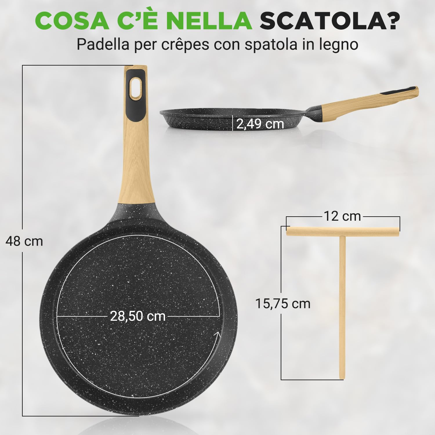 NutriChef Padella per Crepes, Crepiera Antiaderente 28 cm con Spatola in Legno, Rivestimento Marmo, Manico Ergonomico, Fondo Induzione, Ideale anche per Pancake, Bacon e Uova