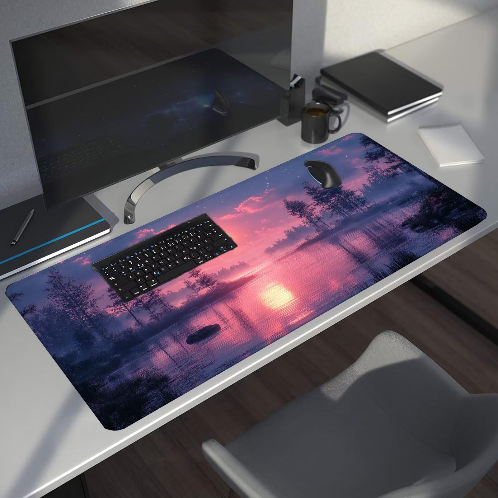 Leśna podkładka pod mysz XXL Księżyc 1600 x 800 x 4 mm Podkładka pod mysz do gier, duża wodoodporna antypoślizgowa podkładka na biurko, podkładka pod mysz szyte krawędzie dla graczy, komputera,