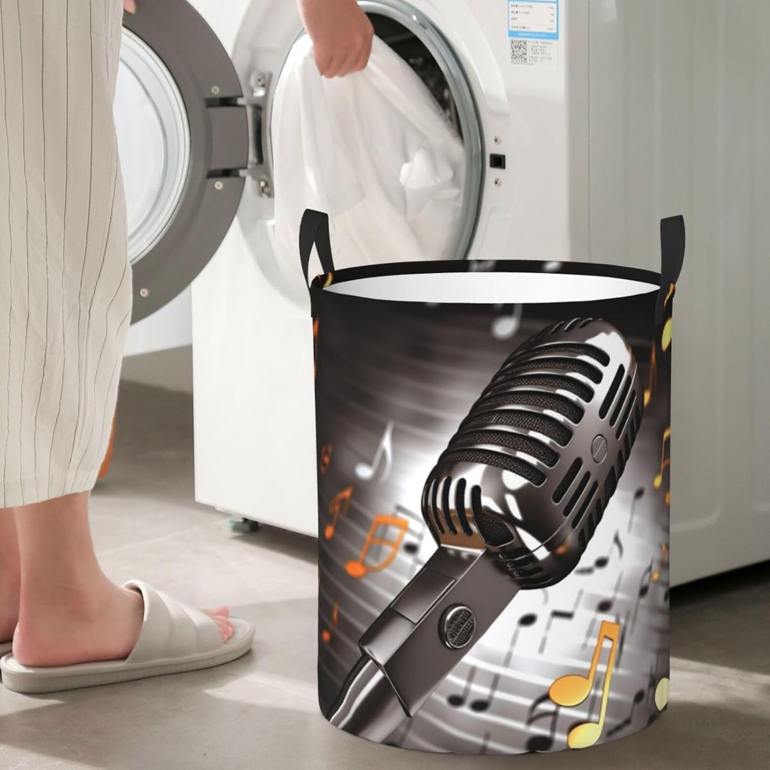 Microphone with Music Notes Laundry Basket With Handles, Foldable Laundry Hamper Oxford Cloth Dirty Clothes Basket Waterproof Clothes Toys Storage Bin Organizer for Bedroom Bathroom Dorm image 5