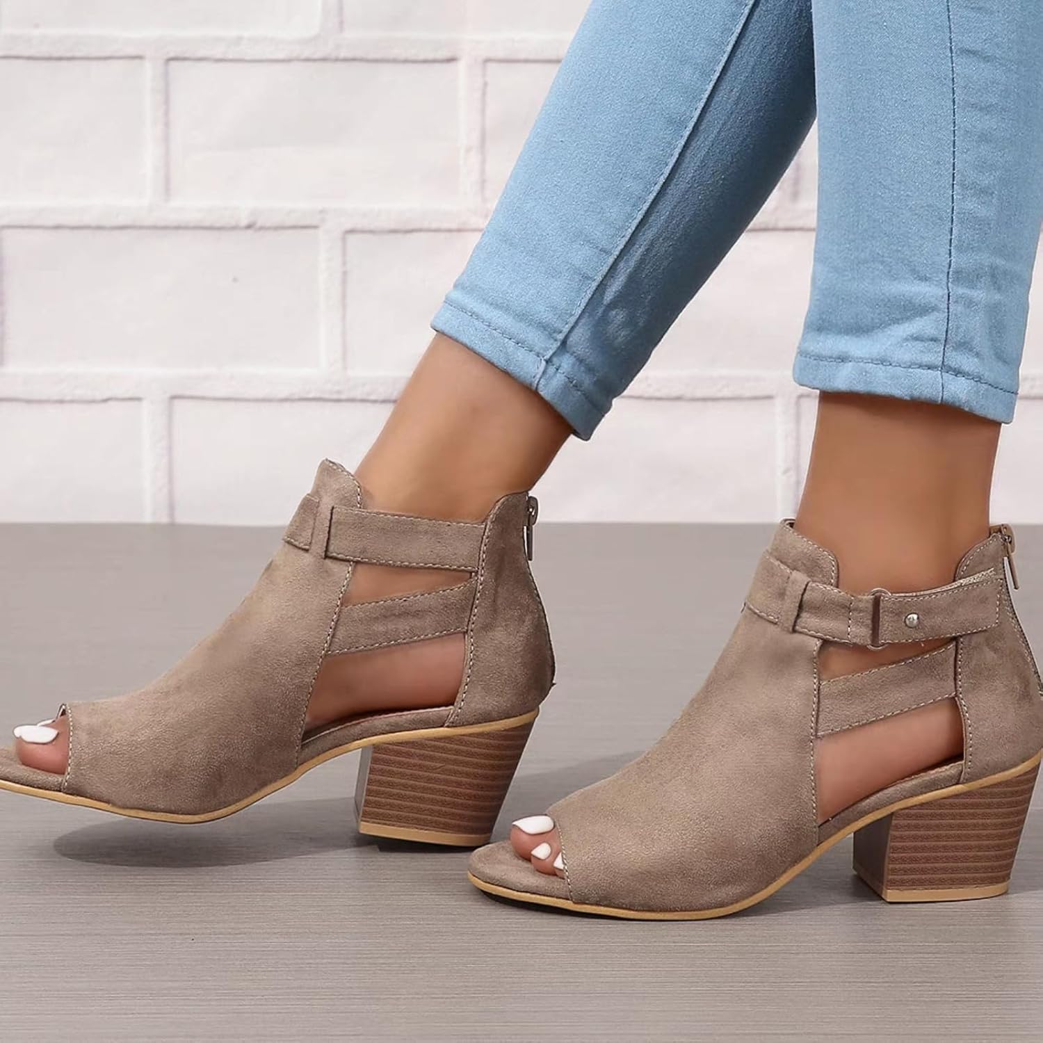 Womens Suede Peep Toe Chunky Heels Ankle Booties with Ankle Strap Cutout Wedge Back Zipper Sandals Dress Walking Boots - Image 6