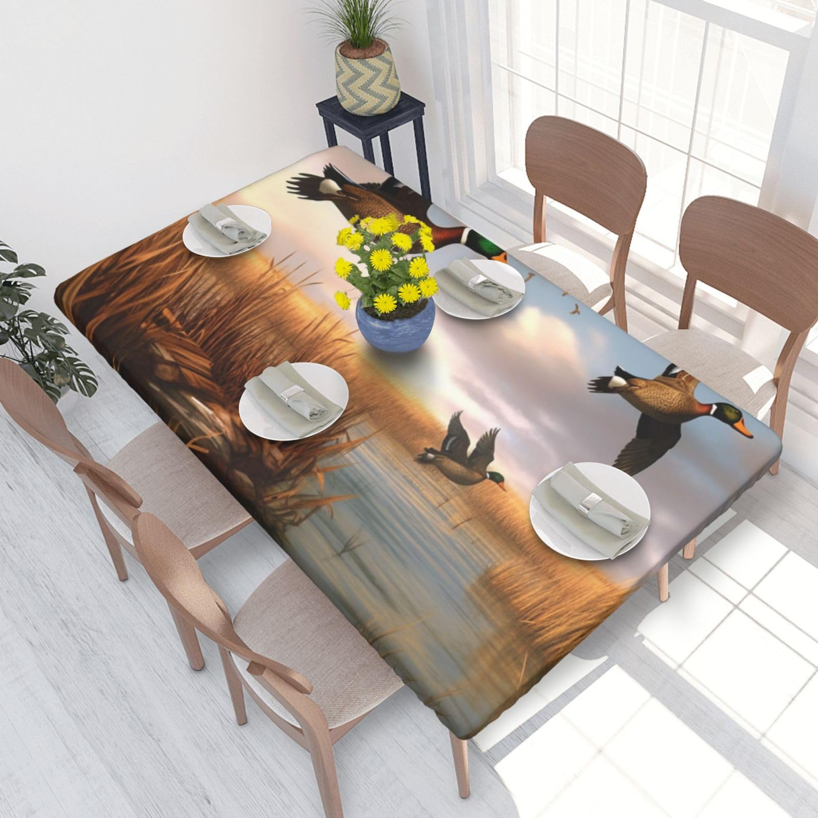 DCARSETCV Hunting Flying Wild Ducks 6 Printed 4FT Waterproof Tablecloth with Elastic Edged Protect & Decor Your Table, Oil-proof Washable Table Cloth Cover for Dinner Picnic Party