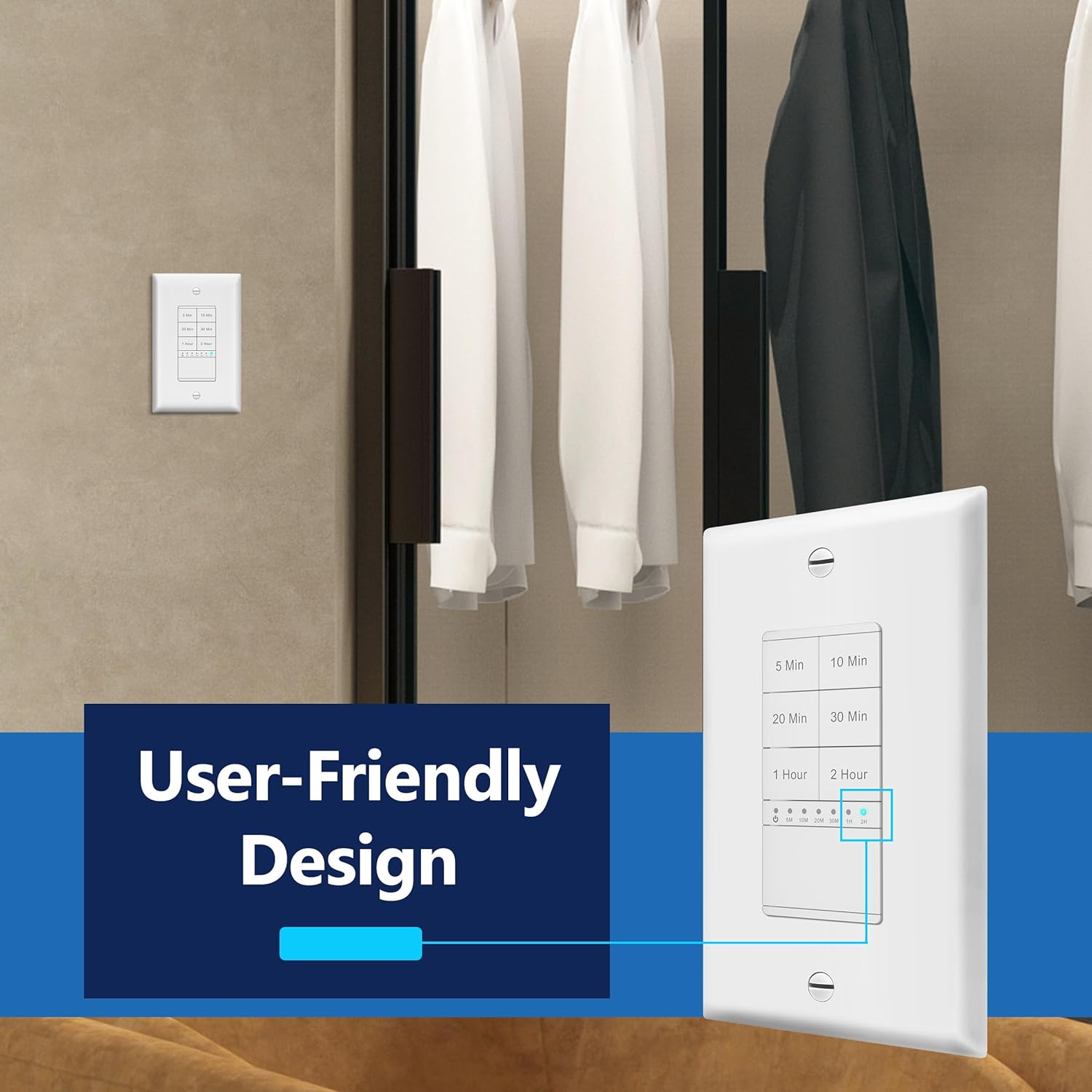 LIDER 2-Hour Countdown Timer Switch with Wall Plate, 800W, No Neutral Required, 5-10-20-30 Min, 1-2 Hour, for Lighting or Fans, LED Indicator, UL Listed, White, Wall Plate Included