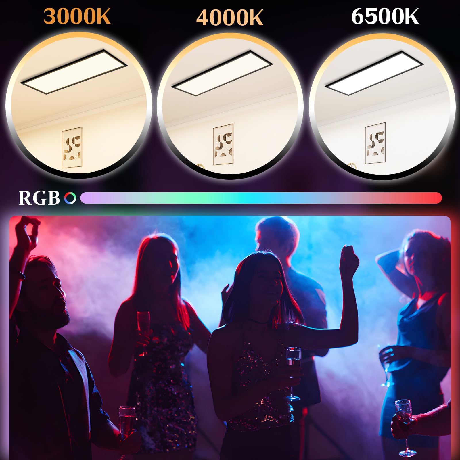 CBJKTX LED Panel 100x25 regulable - RGB retroiluminado con cambio de color | larga y plana para oficina con mando a distancia grande 24 W negra rectangular Lámpara de techo para sala de juegos y salón
