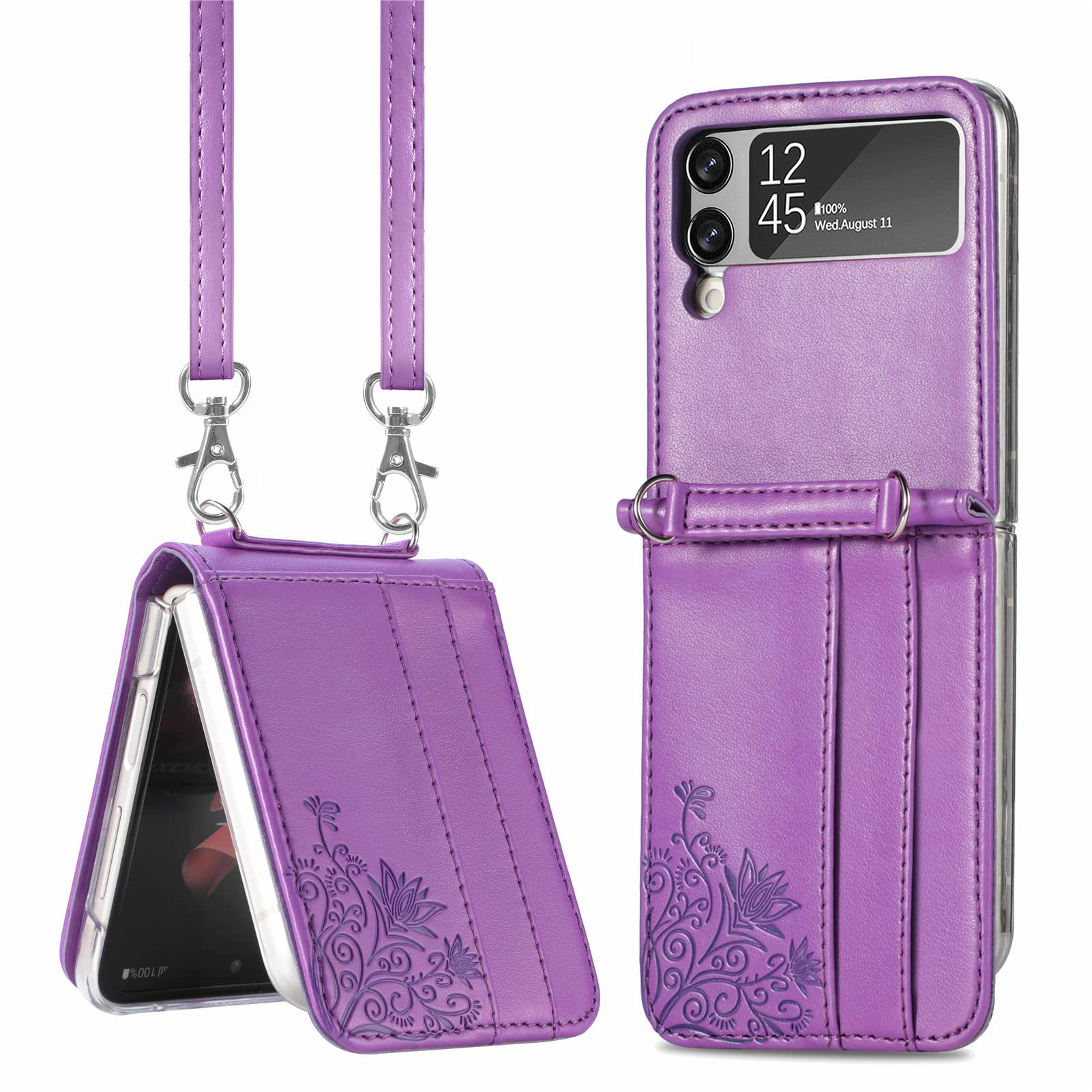 YAKVOOK Wallet Case for Samsung Galaxy Z Flip 3, Pretty Card Package Cover Luxury PU Leather + Hard PC Bumper Ultra-thin Protector with Long Shoulder Strap for Galaxy Z Flip 3 5G 2021 (Purple)