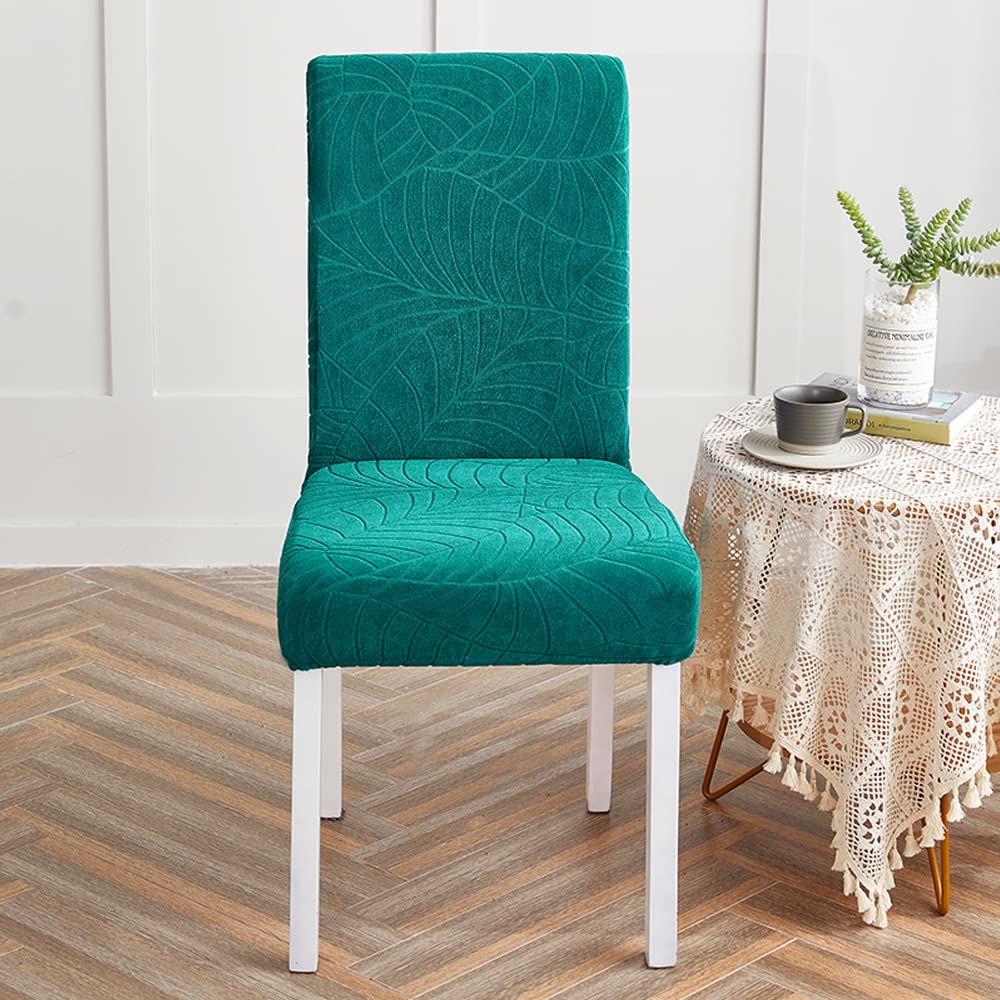 Hcosmy 6 Pcs/Set Soft Stretch Embossed Stereo Jacquard Dining Chair Covers Anti Skid Waterproof Washable, Polyester Fiber Banquet Chair Seat Protector Slipcovers for Home Party, Hotel (Emerald green)