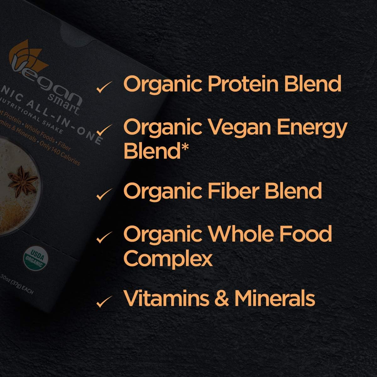 Vegansmart Plant Based Organic Protein Powder, All-in-One Nutritional Shake, Chai Spices, 12 Single Serve Packets