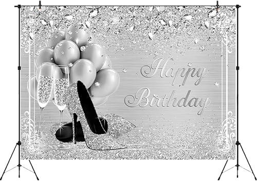 Miniatura 2 de Aperturee Telón de fondo plateado de 7 x 5 pies, diamantes con brillantina, globos de tacón alto, cristal champán, niñas y mujeres, dulces 16, fondo