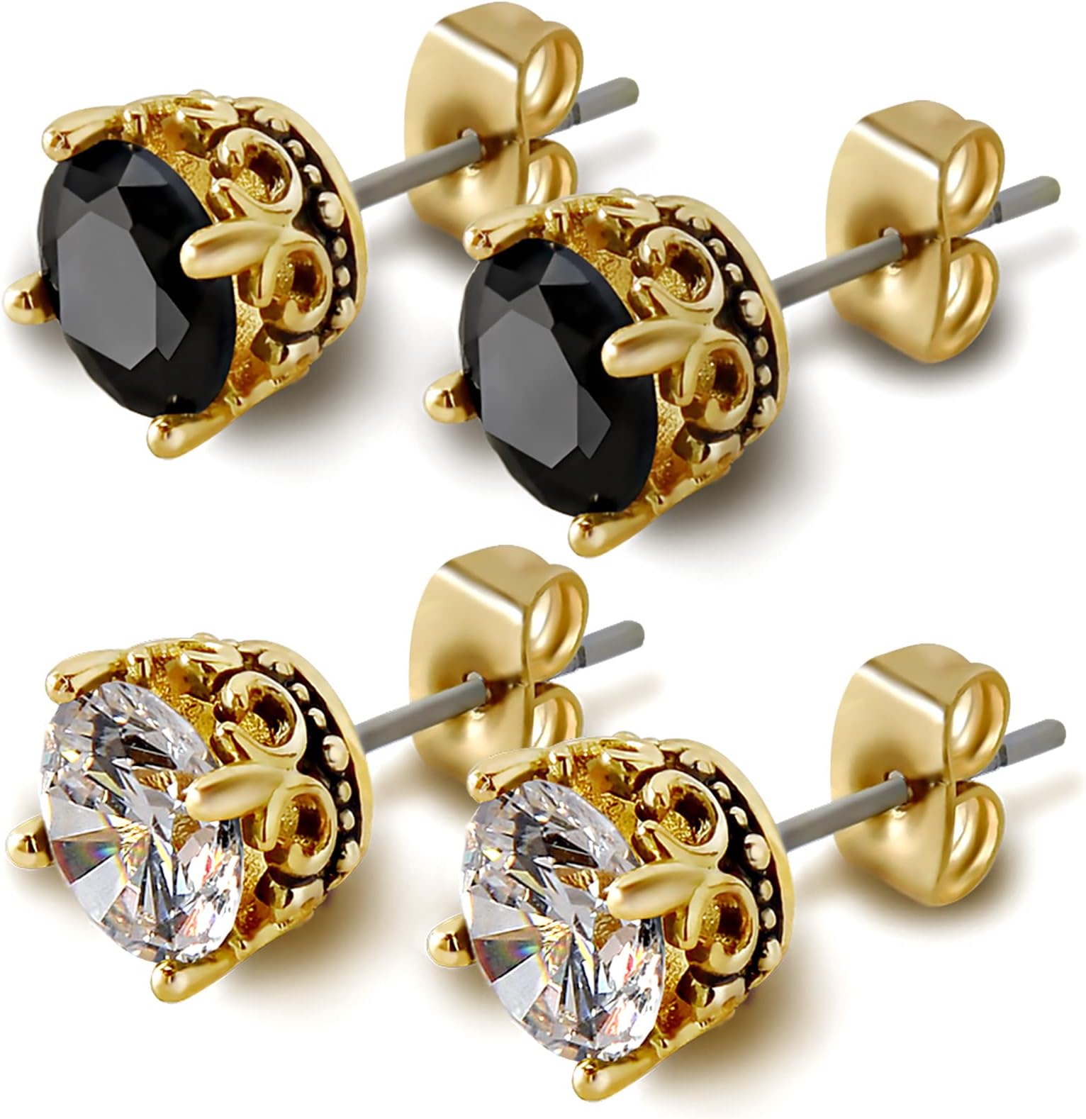Black and Gold Earrings for Men Women, Retro Crown Hypoallergenic Stainless Steel Cubic Zircon Stud Earrings