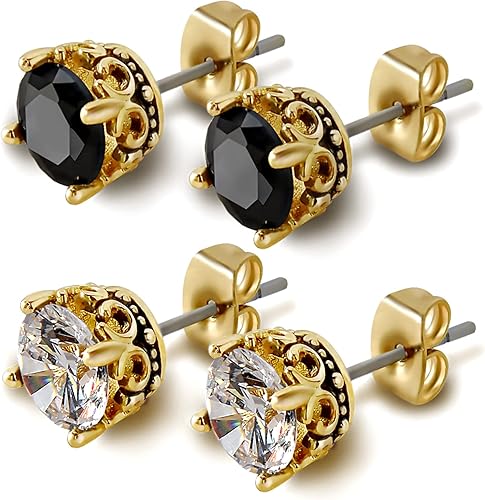 Aretes negros y dorados para hombres y mujeres, con corona retro, hipoalergénicos, de acero inoxidable, con circonita cúbica