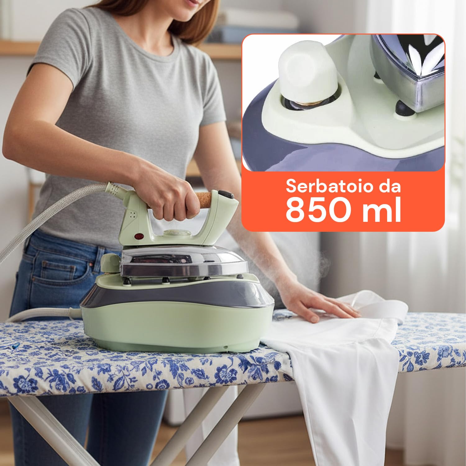 Avilia – Ferro da Stiro a Vapore con Caldaia 3.5 Bar 850 ml con Impugnatura in Sughero, Vapore Continuo e Verticale, Piastra Inox per Stiratura Professionale e Tessuti Delicati (Verde)