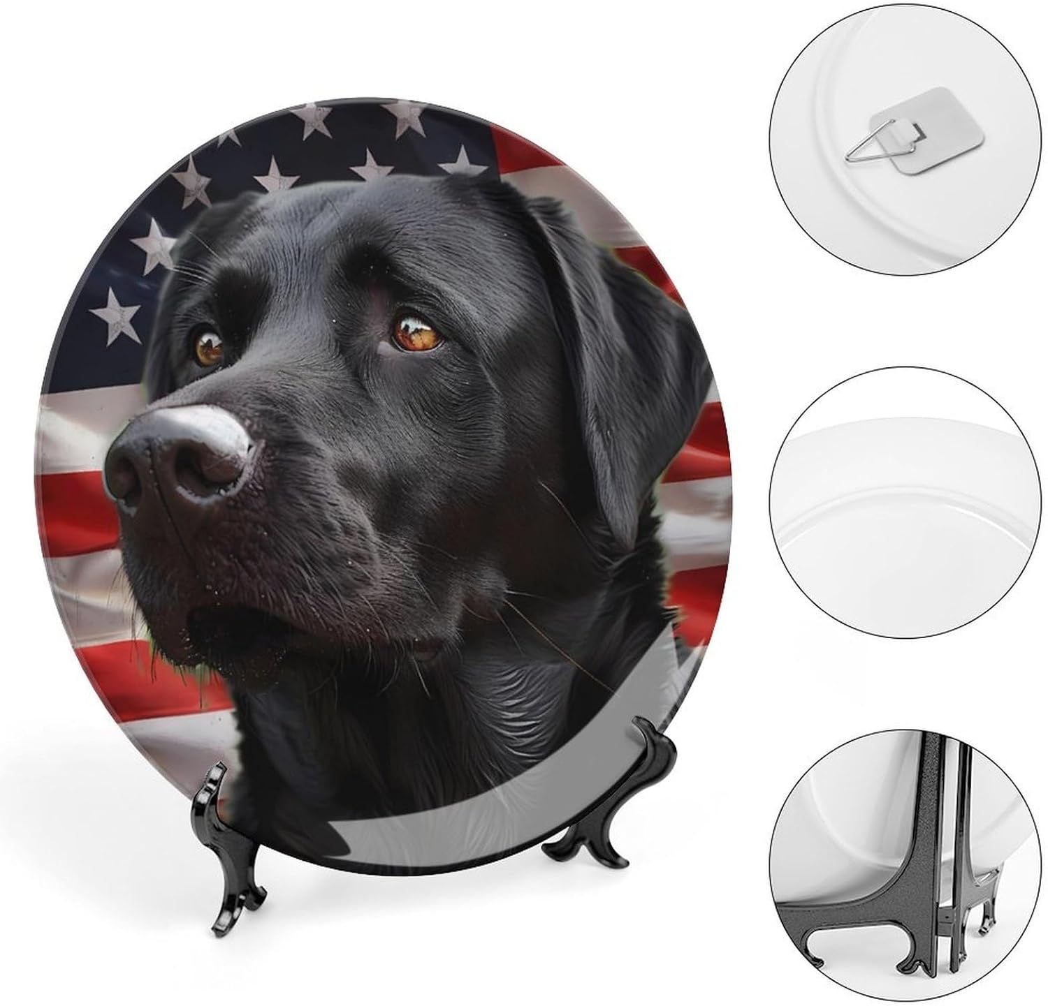 Black Labrador Lab Dog U.S.Flag Bone China Decorative Plate Ceramic Plates Craft with Display Stand for Home Decoration