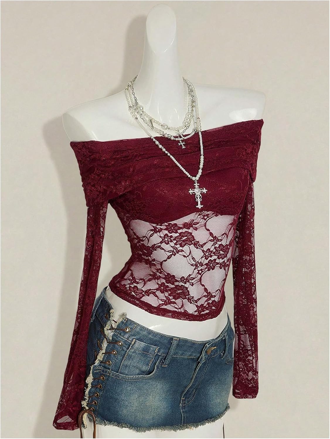 Floerns Women's Gothic Off The Shoulder Lace Crop Tops Long Sleeve See Through Going Out T Shirts - Image 4