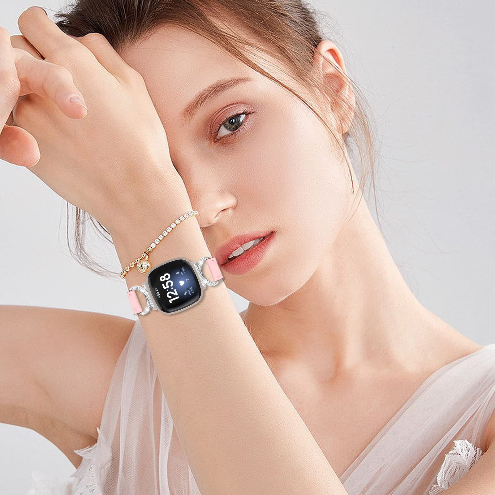 Skórzane paski pasują do Fitbit Versa 4 Versa 3, skórzane i metalowe, zamienne paski do zegarków, opaski na rękę, bransoletka, akcesoria do smartwatcha Fitbit Sense / Fitbit Sense 2, morelowe