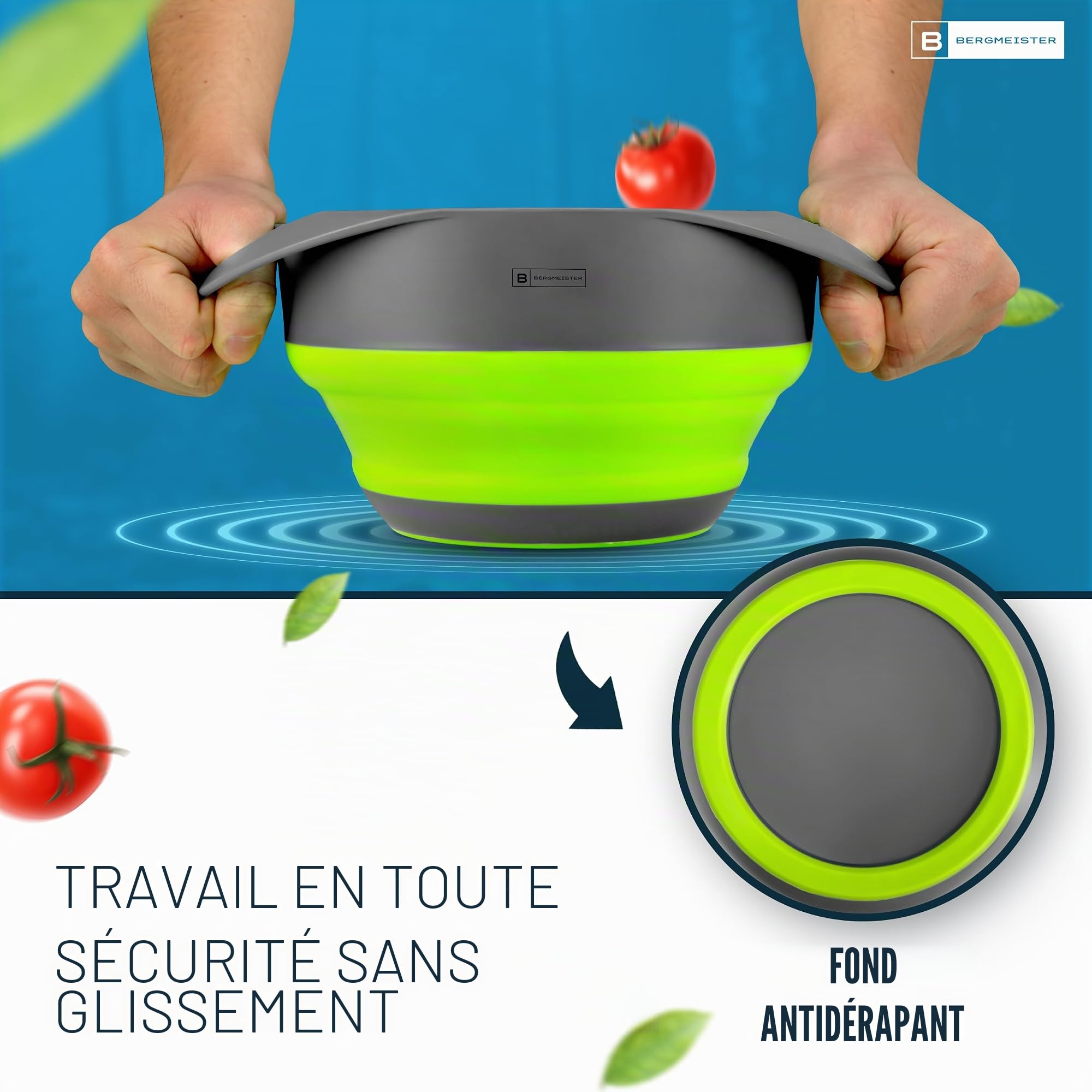 Ensemble de bols pliables 3 en 1 avec passoire 1,7 l / 2,8 l - Multifonctionnel - Passe au lave-vaisselle - Merveilleux de place pour chaque maison et cuisine de camping en plein air