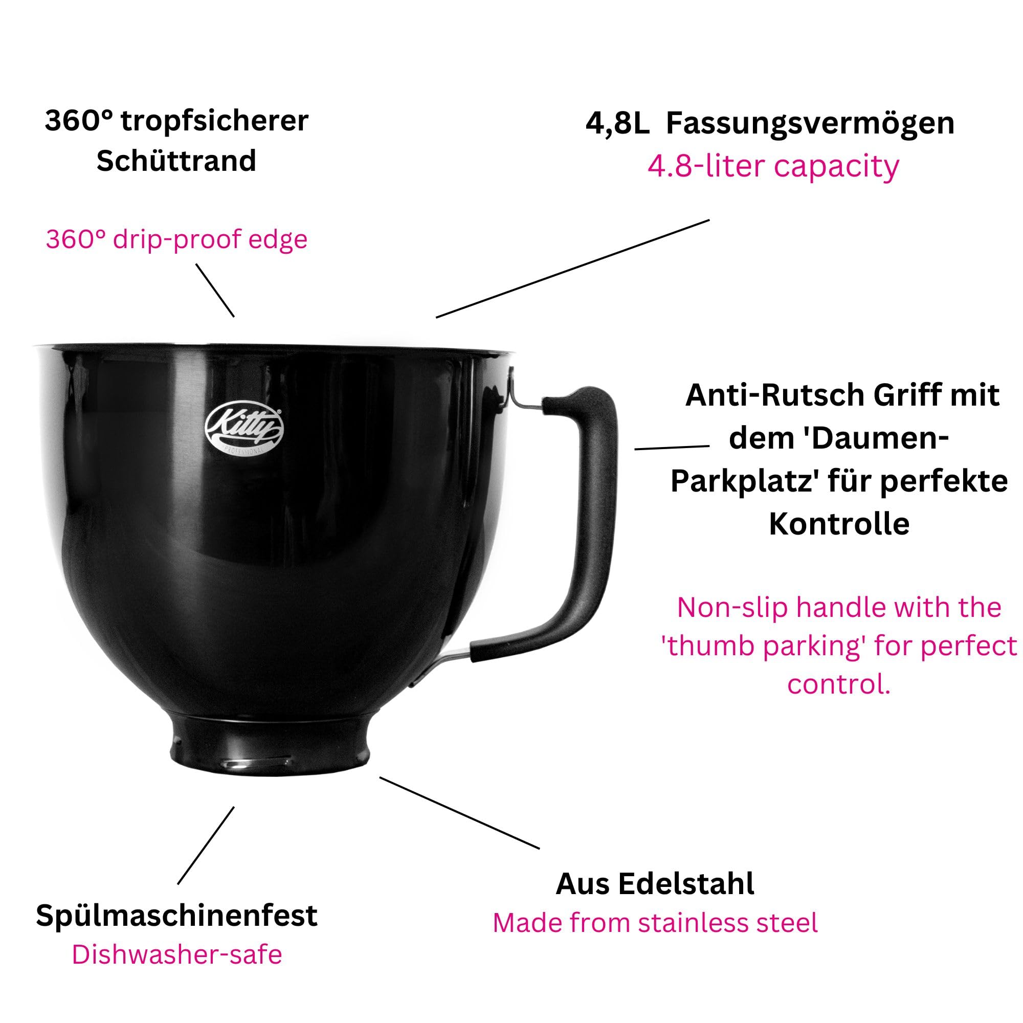 Kitty Professional Miska do mieszania Super Bowl kompatybilna z Kitchen Aid 4,3 i 4,8 litra (czarny tytan)