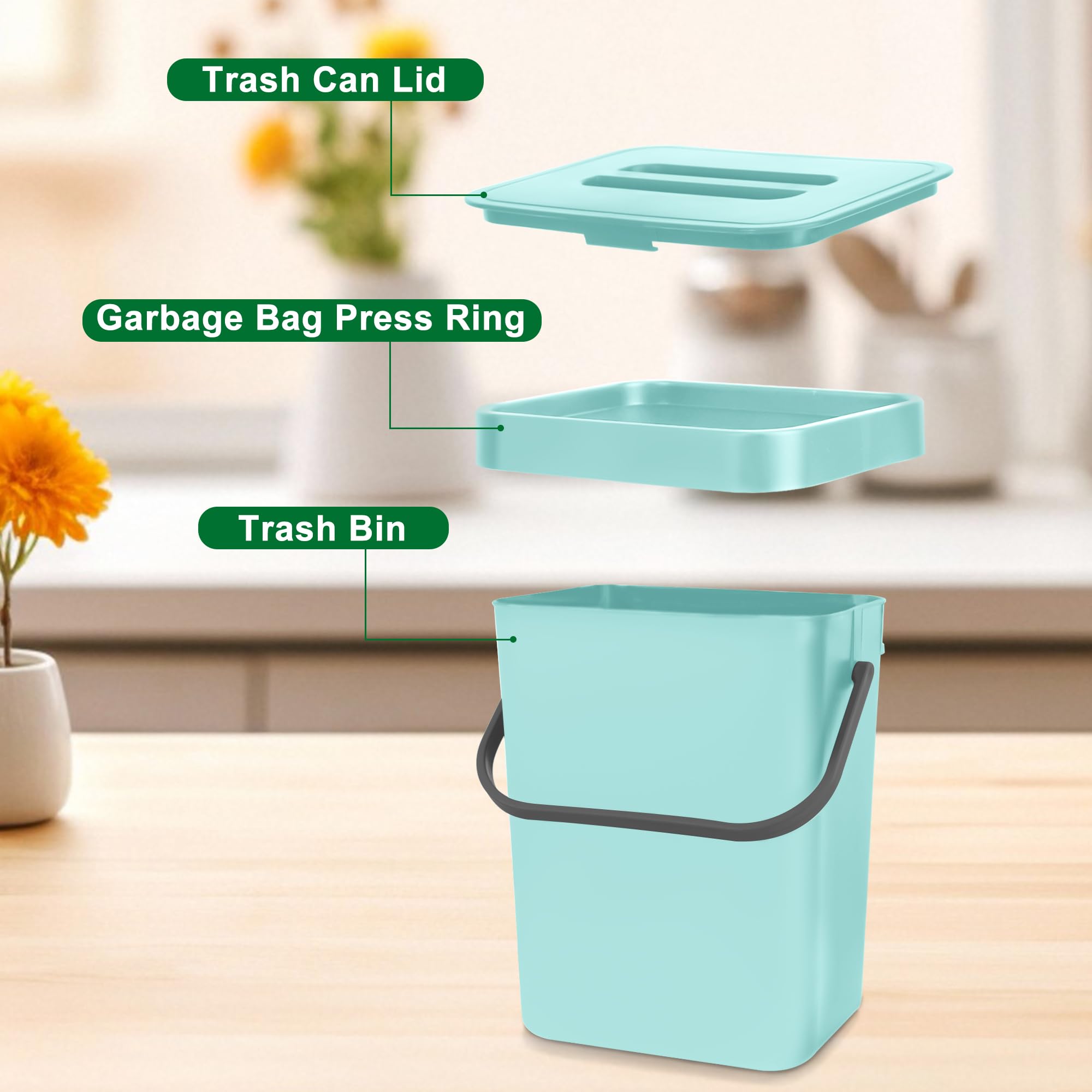 Secchio da Compost da Cucina Piccolo Bidone della Spazzatura Sospeso con Coperchio 3L Secchio di Rifiuti Organici per Cucina Blu