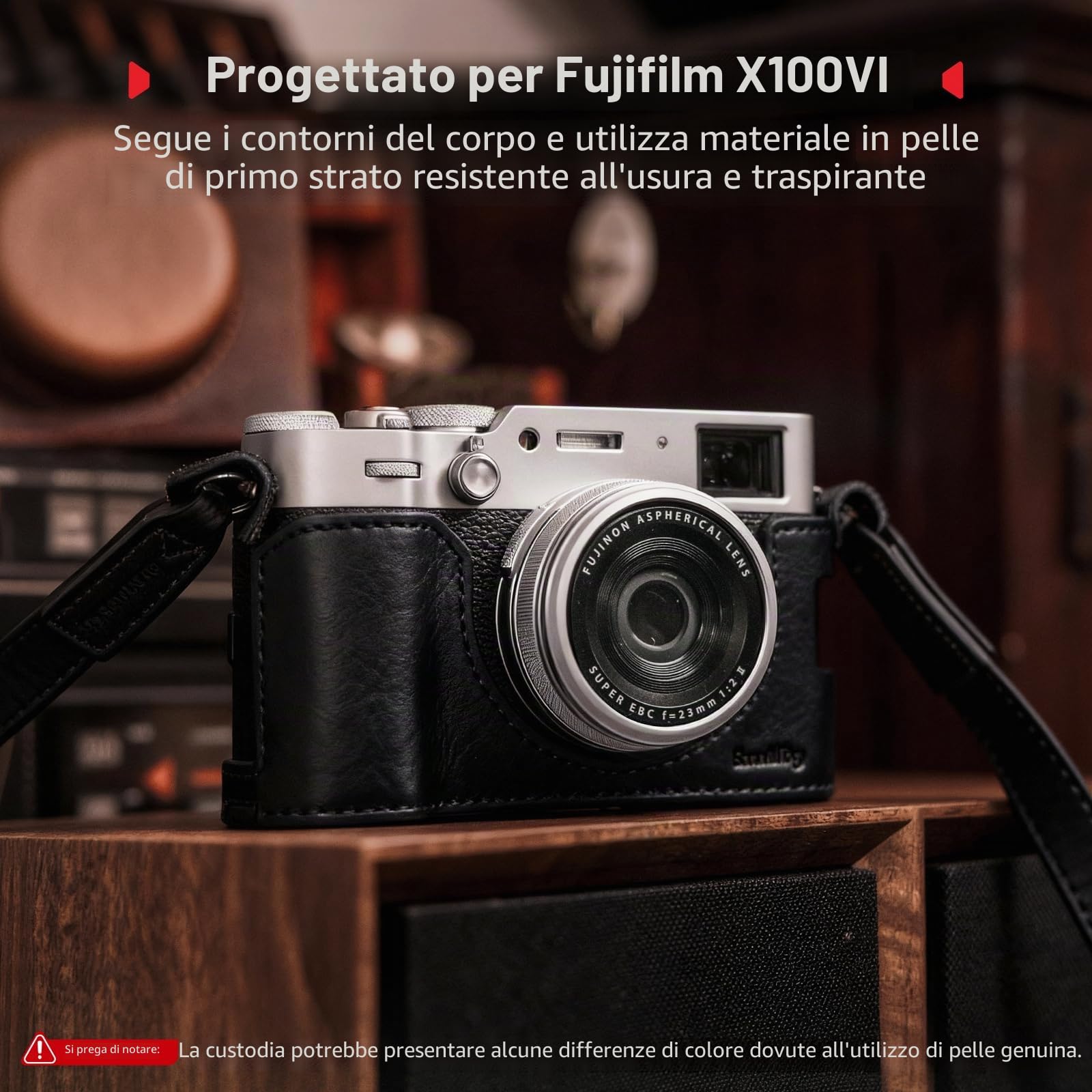 SMALLRIG Kit Custodia in Pelle per FUJIFILM X100VI, Include Mezza Borsa in Pelle, Custodia Flip e Tracolla, Vera Pelle, Portatile e Protettiva, Nero - 5622