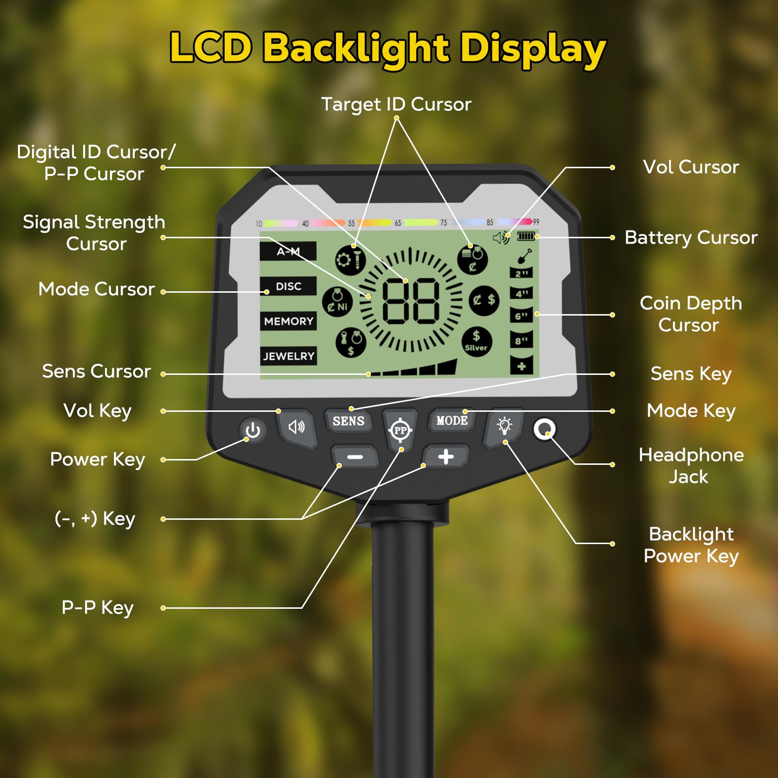 Raynesys Détecteur de métaux pour adultes, kit de détection d'or de haute précision, 5 modes, bobine IP68 de 10", écran LCD rétroéclairé, longueur réglable de 48,3 à 159,9 cm, testeur de métal pour