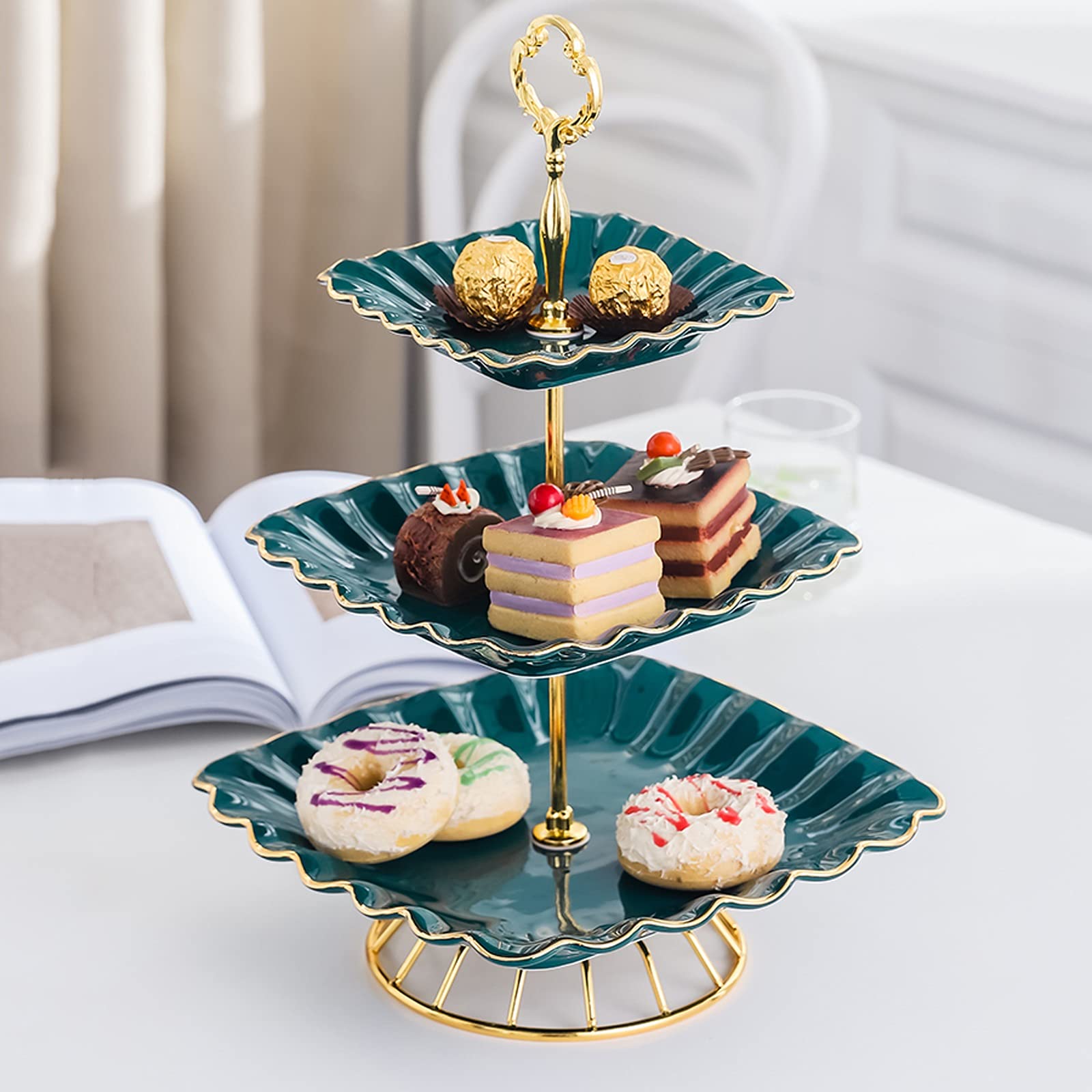 alzatina per torte, Tavolo da dessert quadrato in ceramica a 3 livelli Espositore