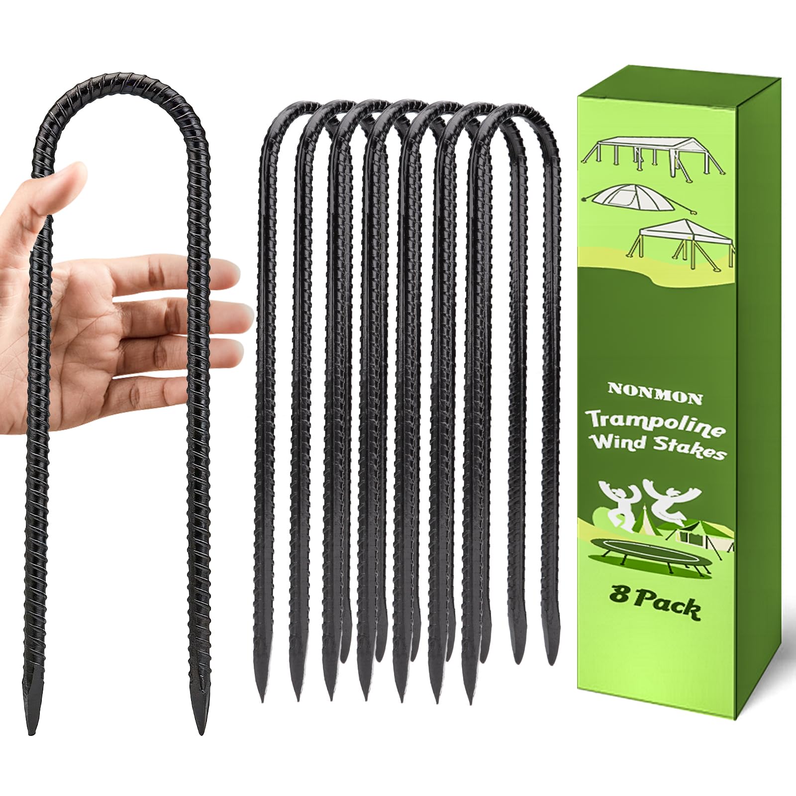 NONMON 12 Inch 8 Pack Trampoline Stakes Heavy Duty Ground Stakes U-Shaped