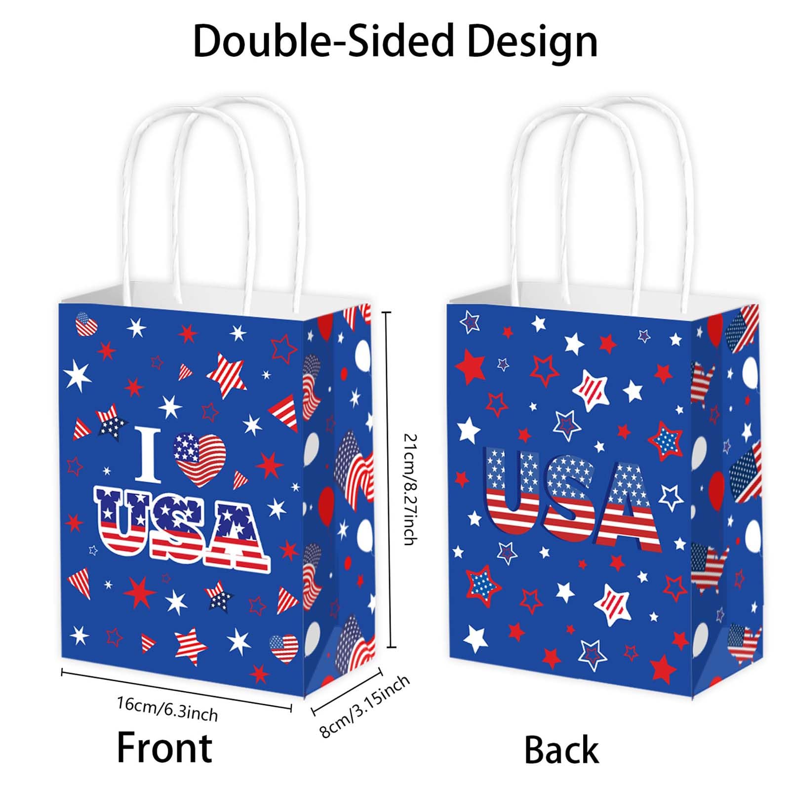 Qpout 12PCS 250th Anniversary Patriotic Gift Bags, Double Sided 1776-2026 Red White Blue Paper Bags with Handles, Bulk 4th of July Favor Bags for Independence Day, Memorial Day, Parades, Patriotic Holiday Party Supplies
