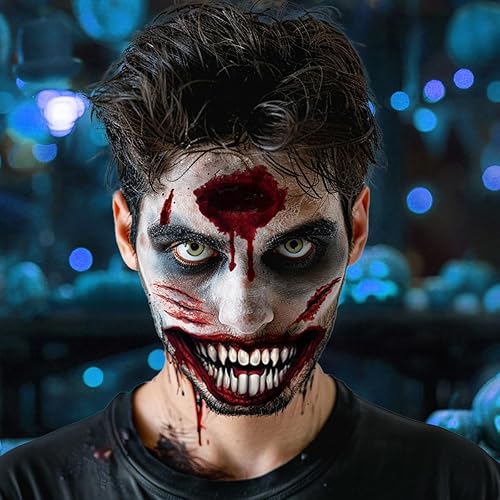 Miniatura 10 de 5 hojas de tatuajes faciales aterradores de Halloween + 1 hoja de tatuaje de cicatrices falsas, tatuaje de boca sangrienta, maquillaje de zombi de