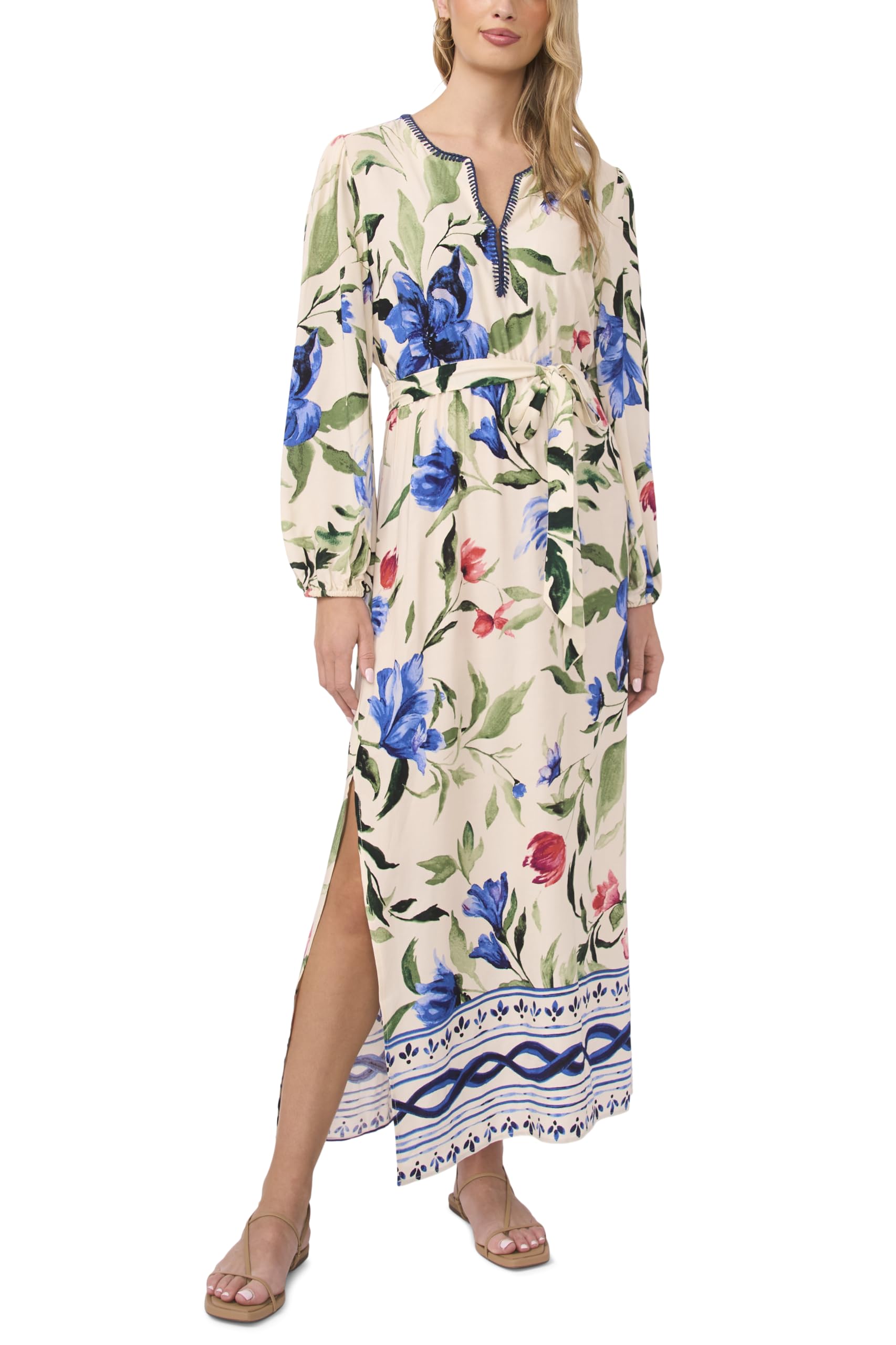 Vince Camuto Women's Double Side Slit V-Neck Long Sleeve Maxi Dress