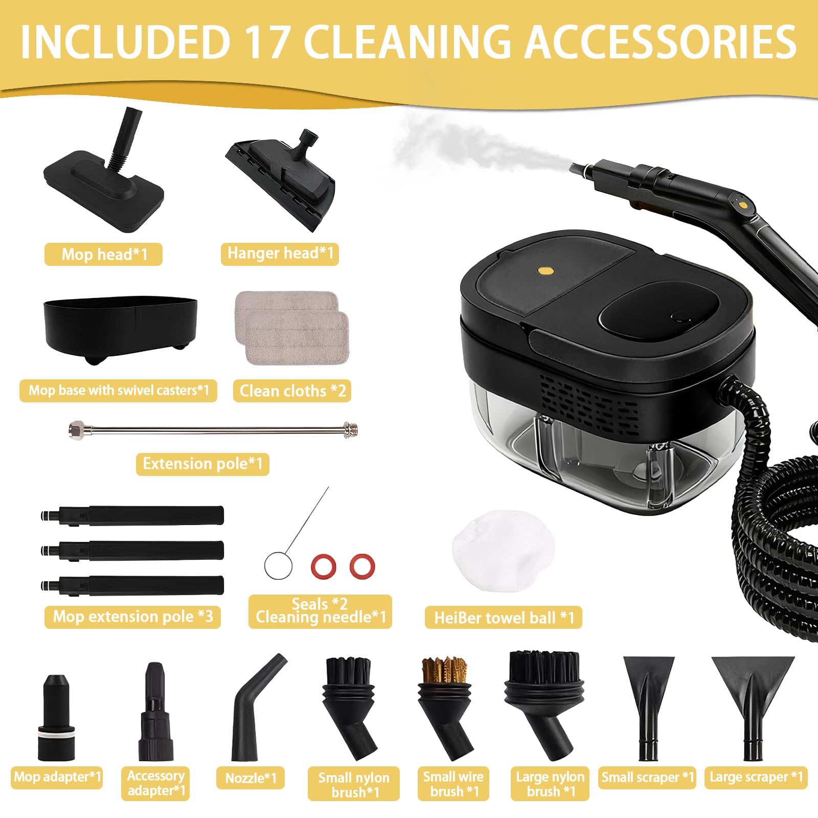 Limpiador a Vapor Portátil, 2500W Potente Limpiador a Vapor para el Hogar, 3 Velocidades Ajustables,17 Accesorios, Depósito de Agua de 1600 ml, Presión de 4 Bar, para Cocina, Ventanas, Pisos, Autos