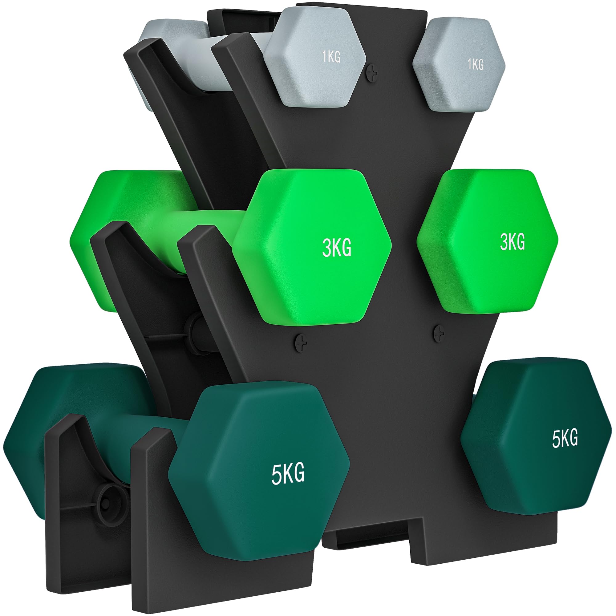 SPORTNOW Set di Manubri da Palestra con Supporto, 2x1 kg, 2x2/5 kg, 2x3 kg, Manubri per Palestra Esagonali in Metallo con Impugnatura, Allenamento Fitness Casa