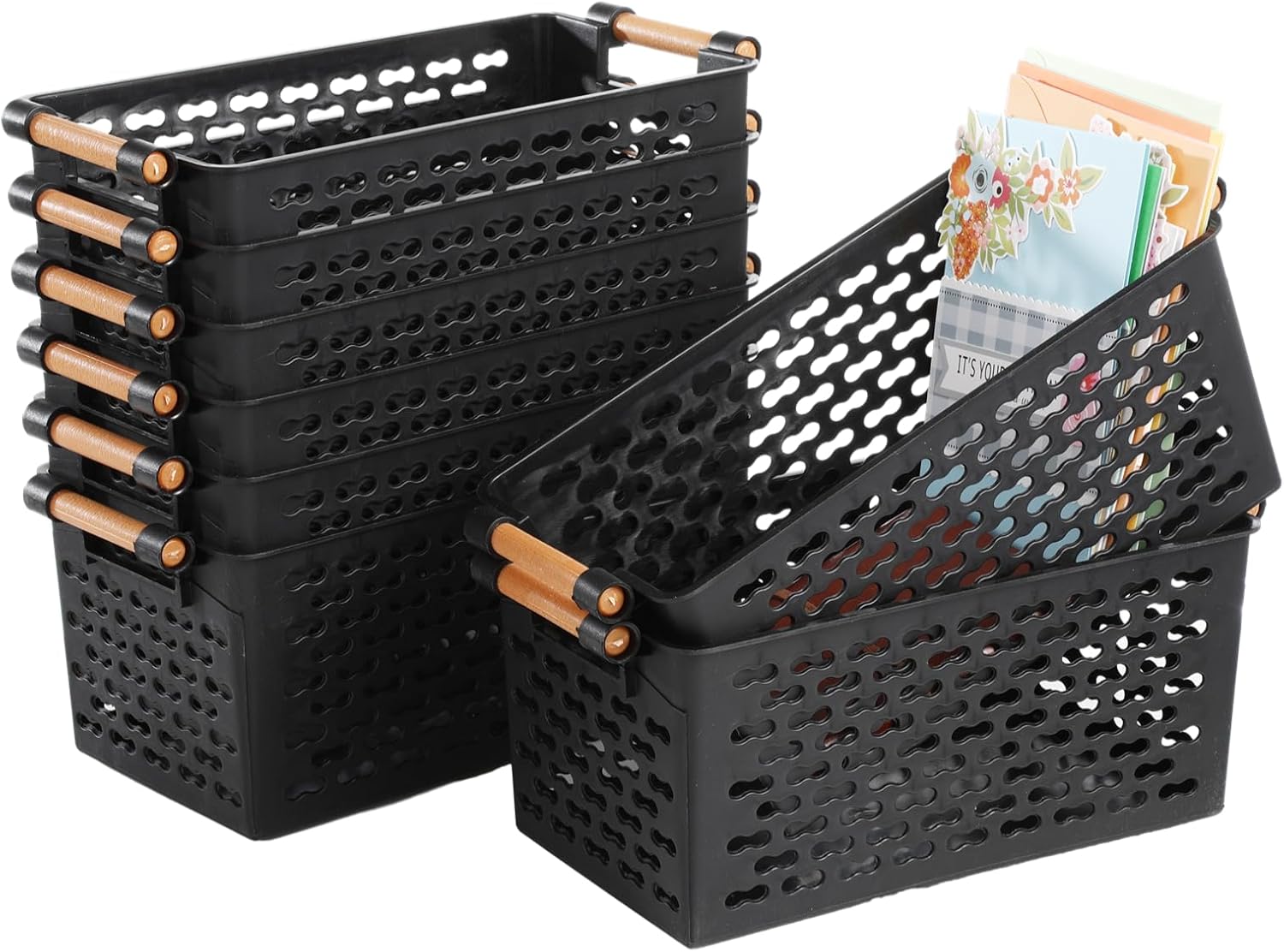 8 PCS Storage Baskets - 12 x 6 x 5 Inches Small Black Plastic Baskets with Handles, Nesting Organizers for Kitchen Shelves